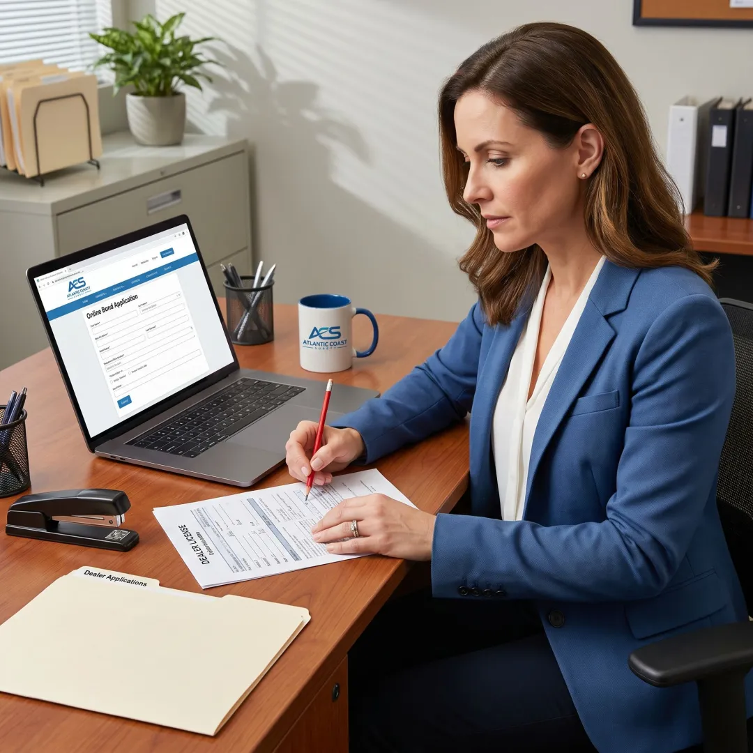 Surety specialist reviewing dealer bond paperwork