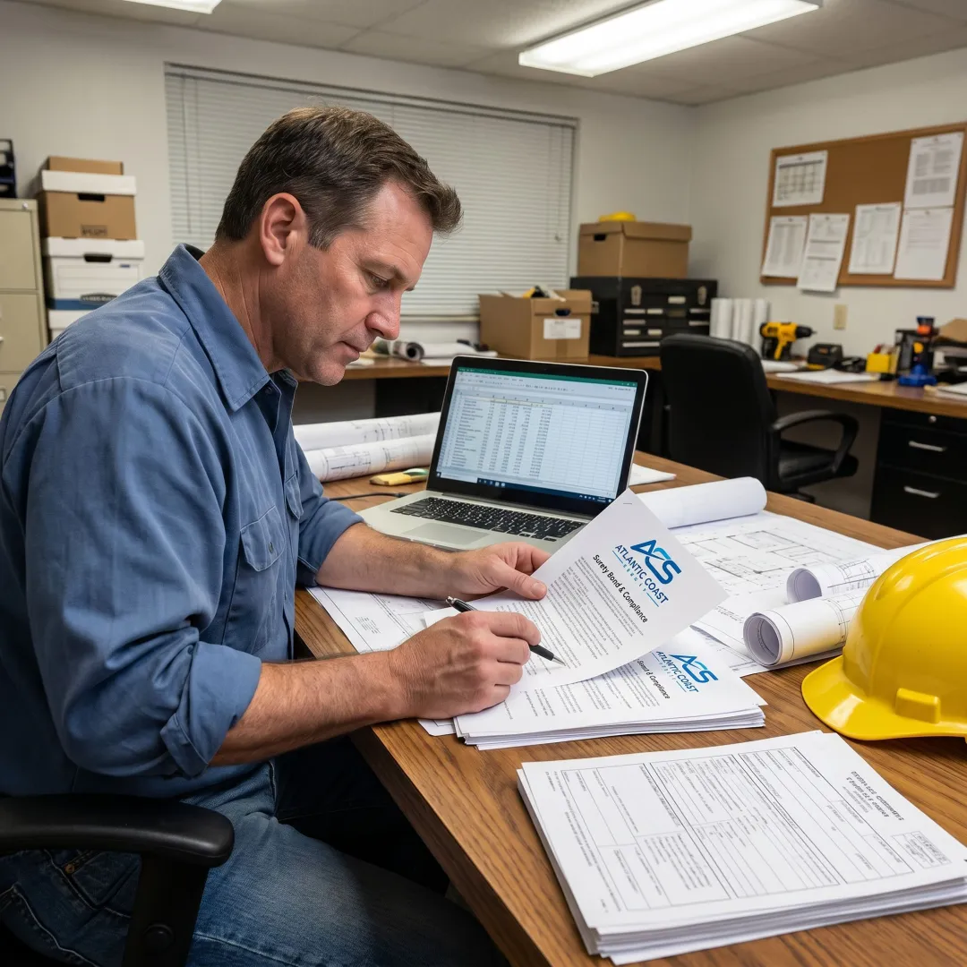 Contractor reviewing license bond paperwork