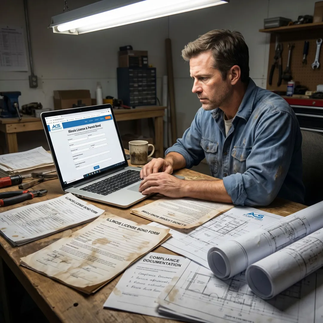 Contractor reviewing Illinois license bond paperwork online