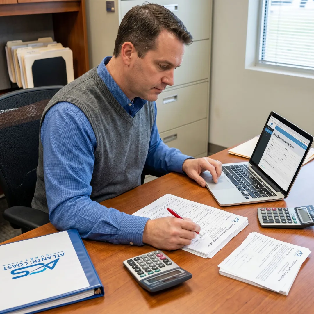 Surety specialist preparing contractor bond forms