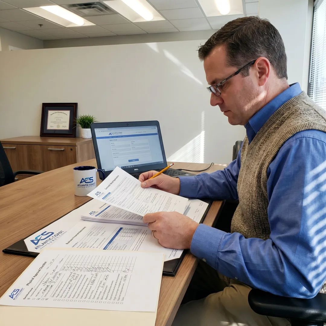 Surety specialist preparing contractor bond paperwork