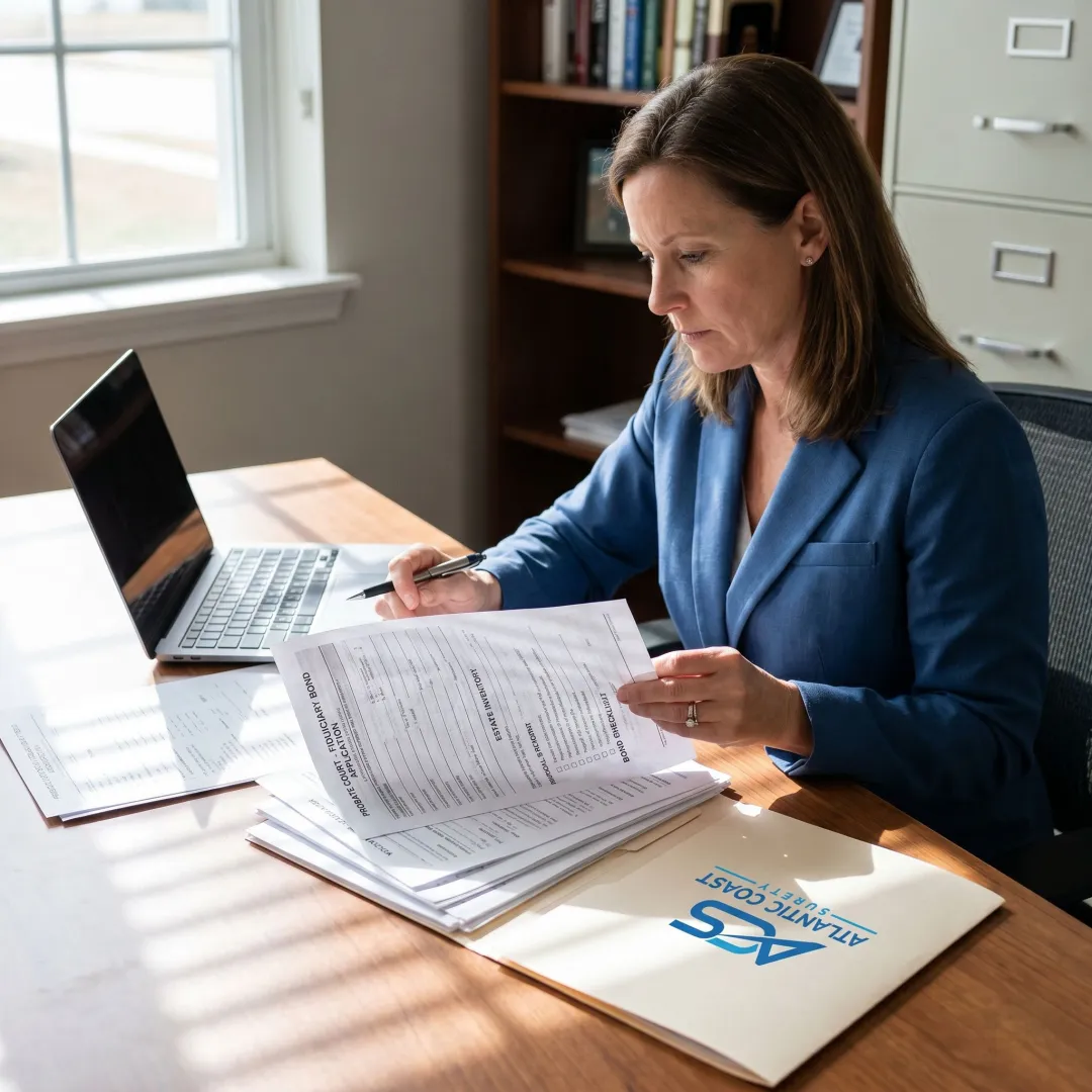 Surety specialist organizing court bond paperwork