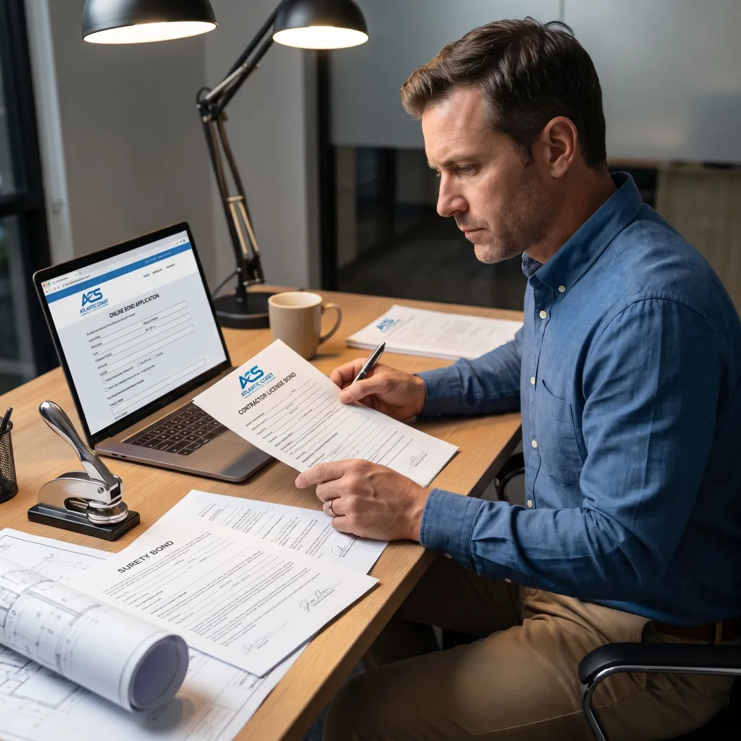 Surety specialist preparing contractor bond paperwork
