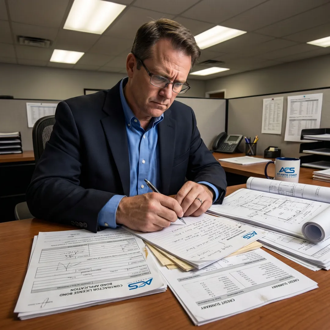 Surety specialist reviewing contractor bond forms