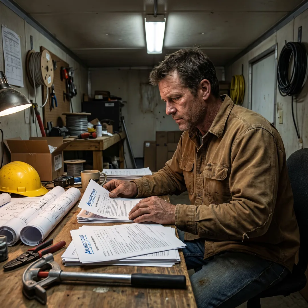 Electrical contractor reviewing surety bond paperwork