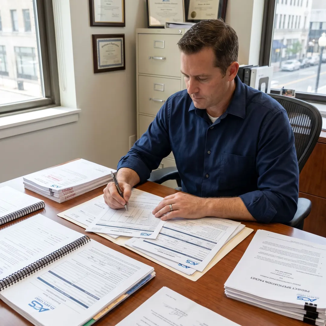 Surety specialist preparing contractor bond documents