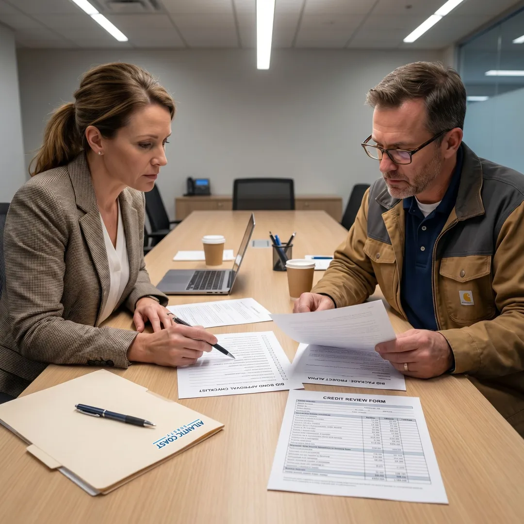 Surety specialist reviewing contractor bond application