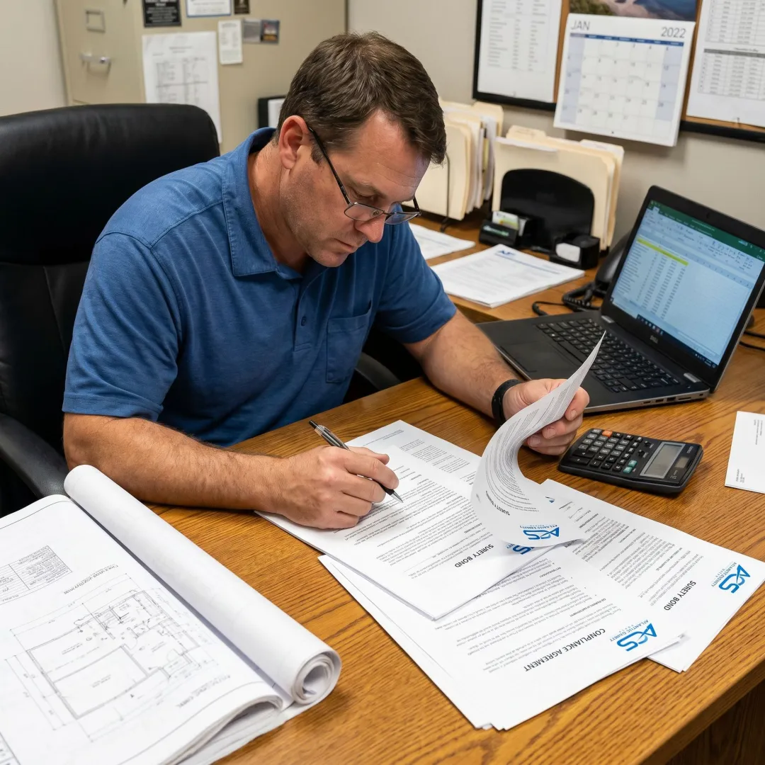 Contractor surety bond documents on an office desk