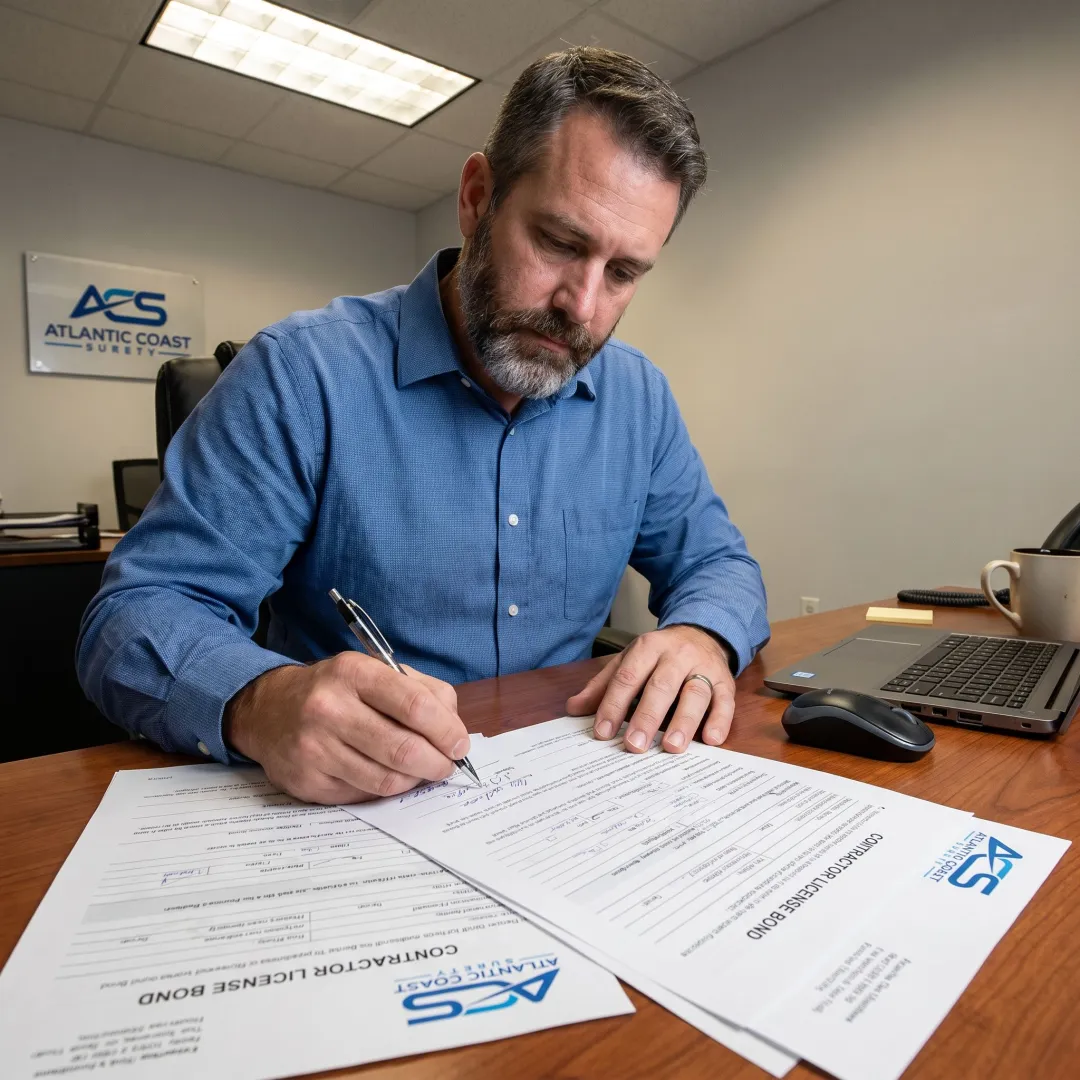 Surety specialist preparing contractor bond documents
