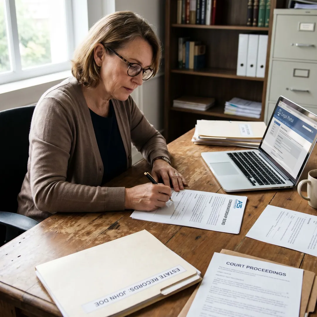 Conservatorship bond paperwork on a desk