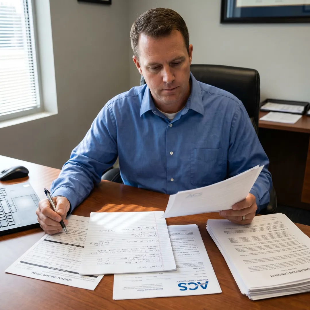 Surety specialist preparing contractor bond documents
