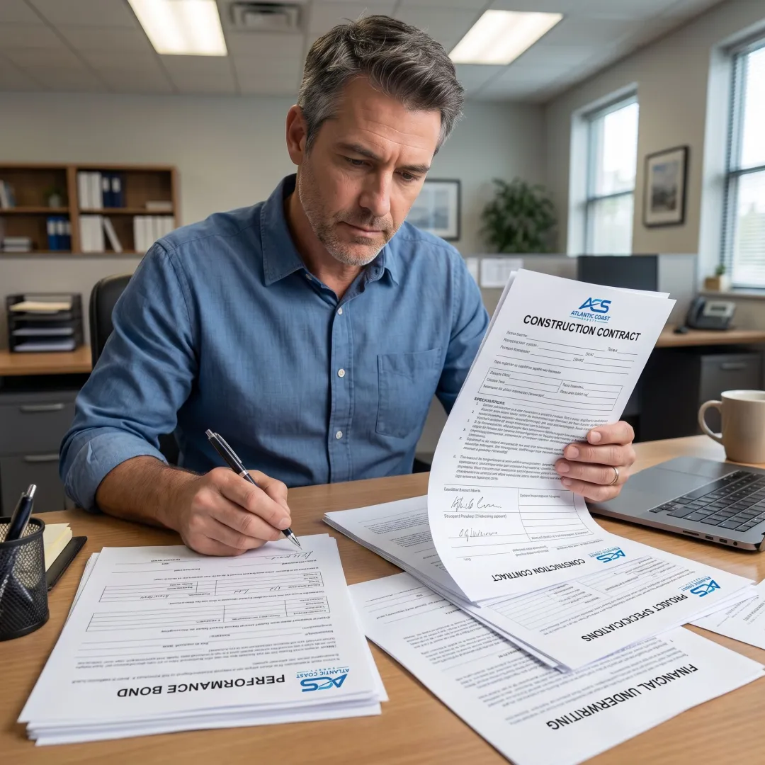Surety bond professional reviewing performance bond documents