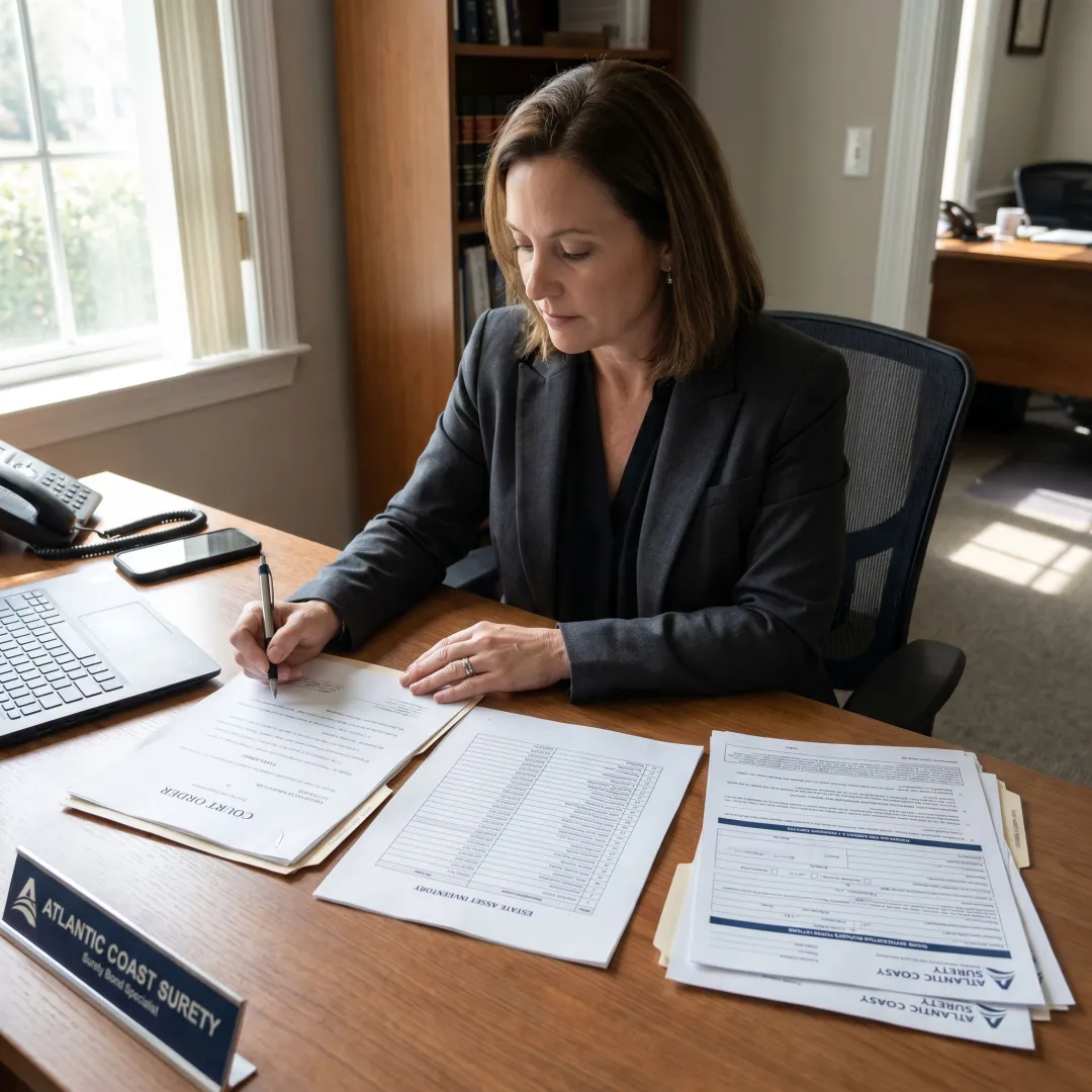 Surety specialist preparing court bond forms