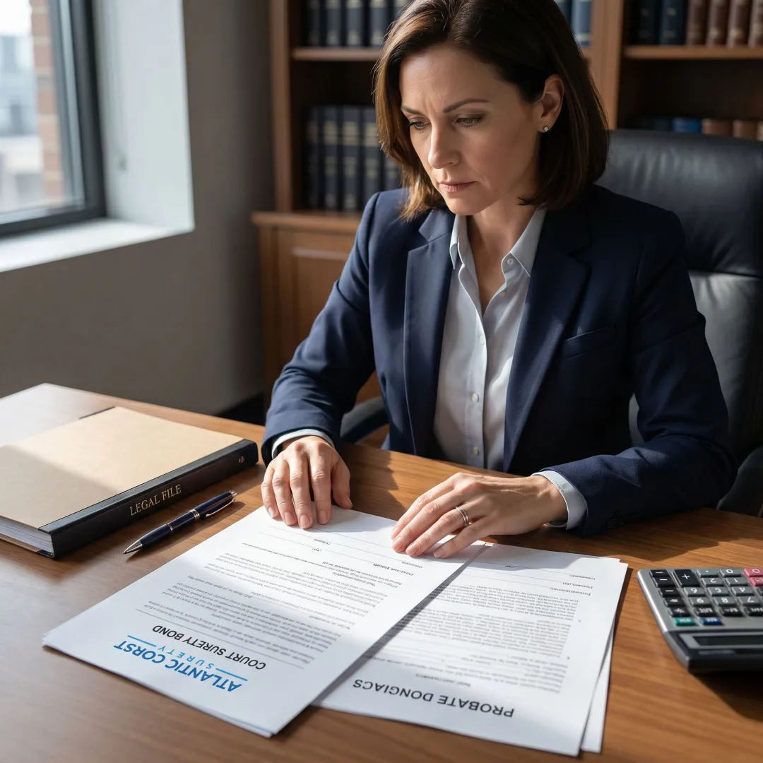 Court surety bond documents being reviewed