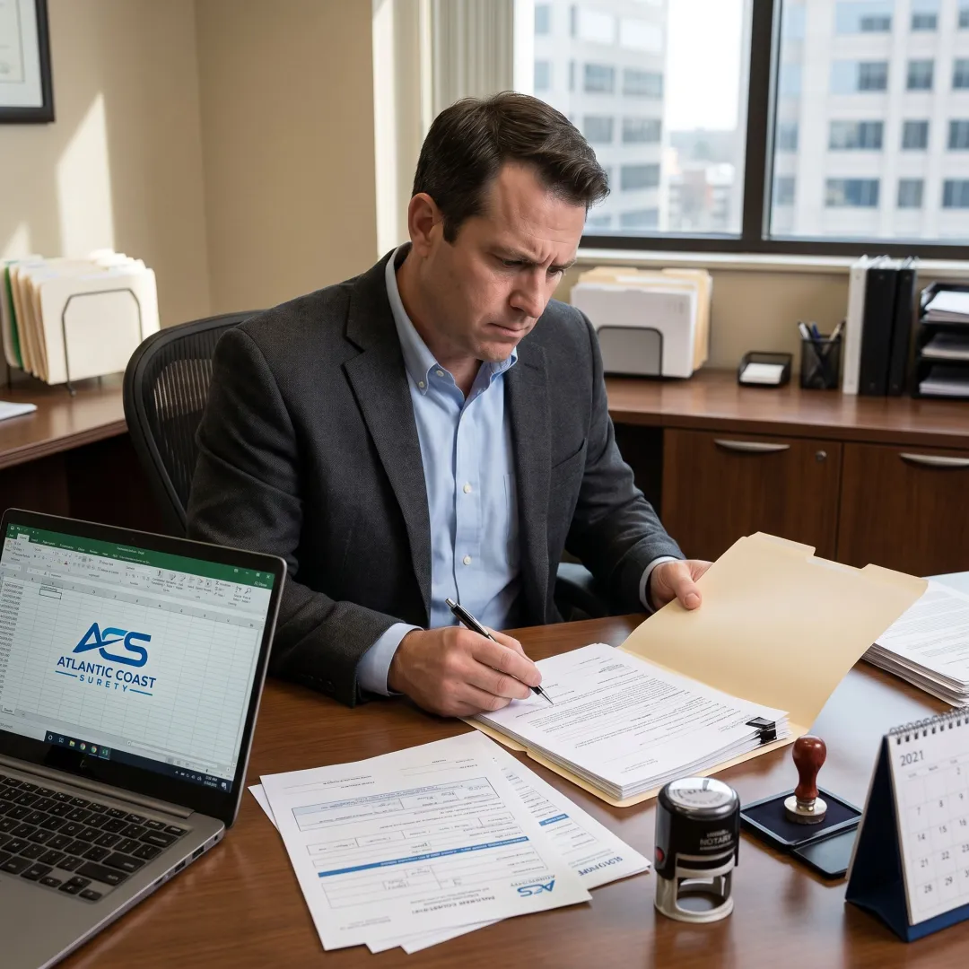 Surety specialist preparing bond documents
