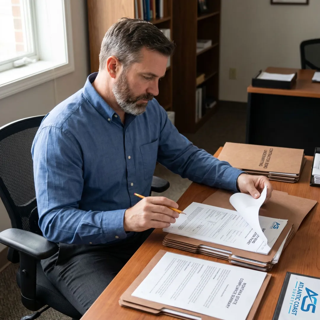 Surety specialist reviewing contractor bond application