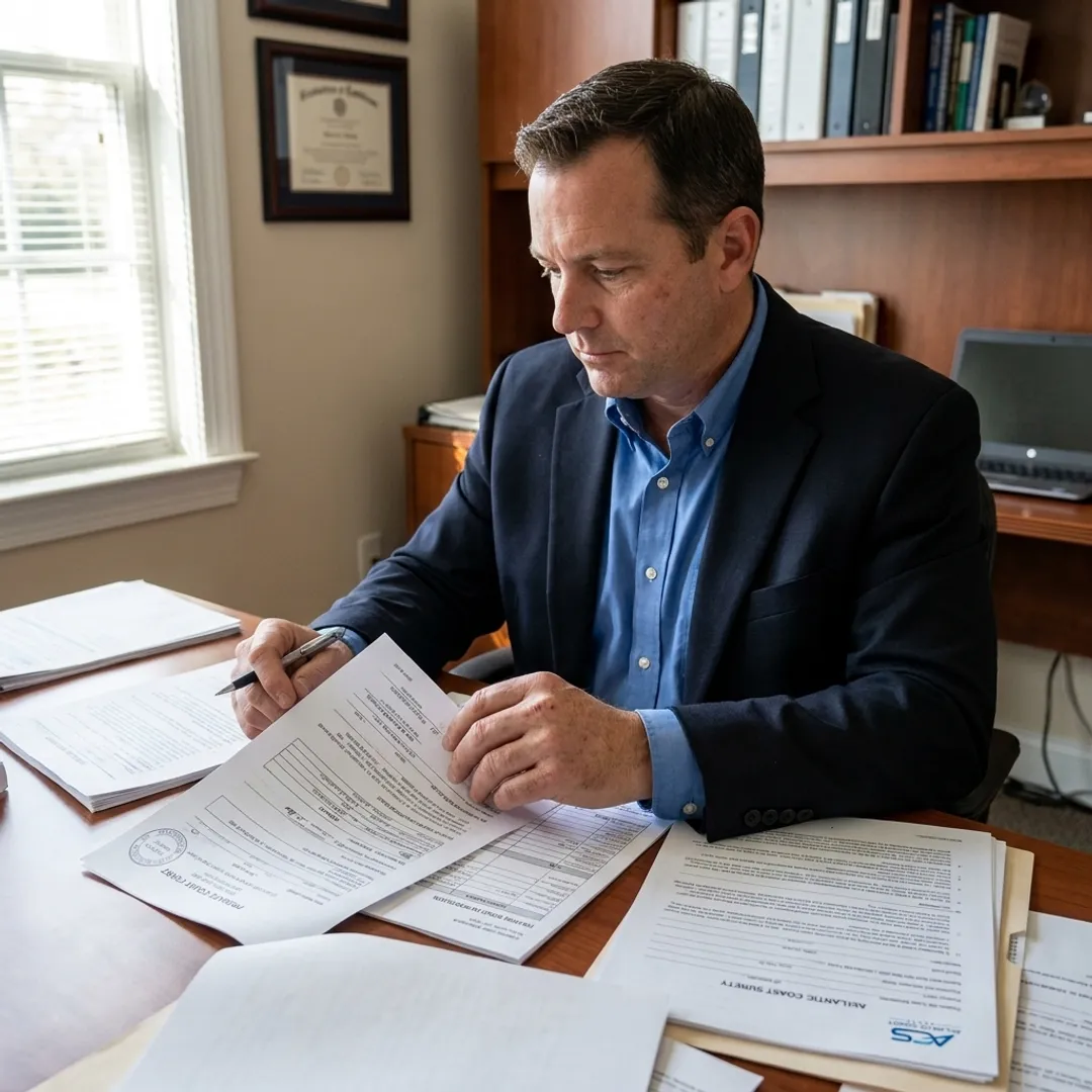 Surety specialist reviewing probate bond forms