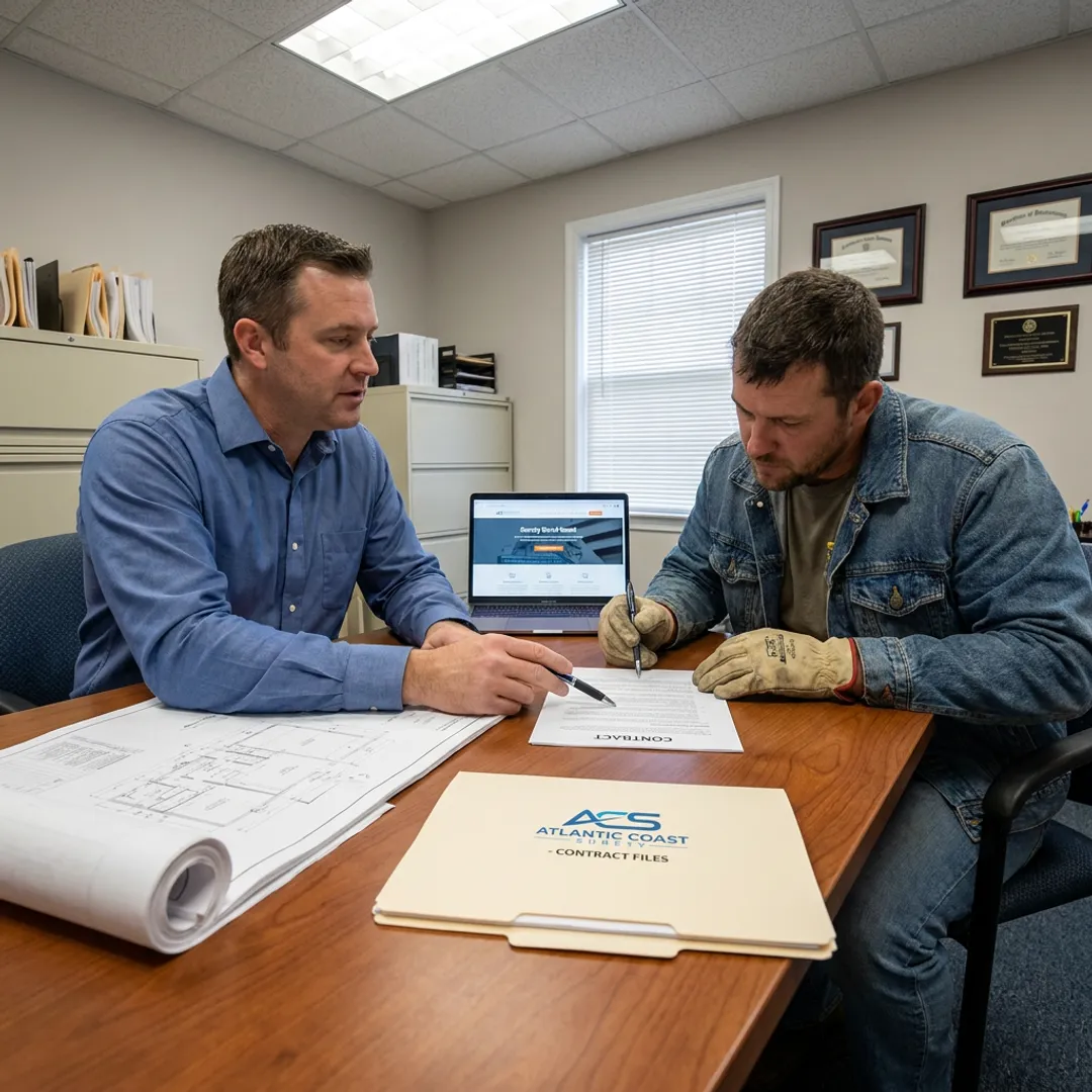 Surety broker explaining performance bond terms to a contractor