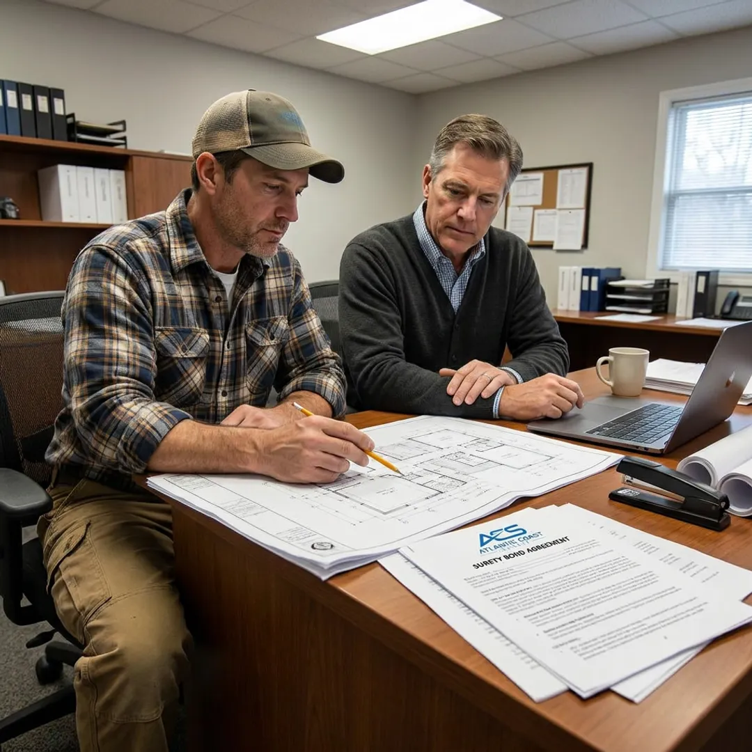 Surety broker reviewing performance bond documents with a contractor