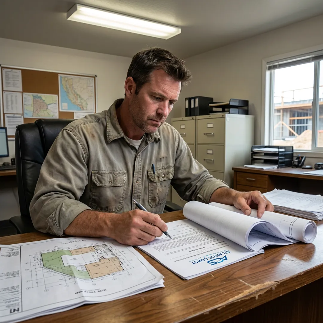 Contractor reviewing performance bond documents