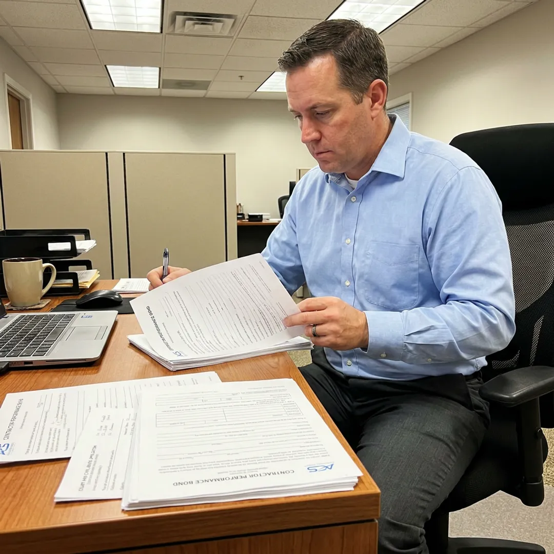 Surety specialist preparing bond paperwork