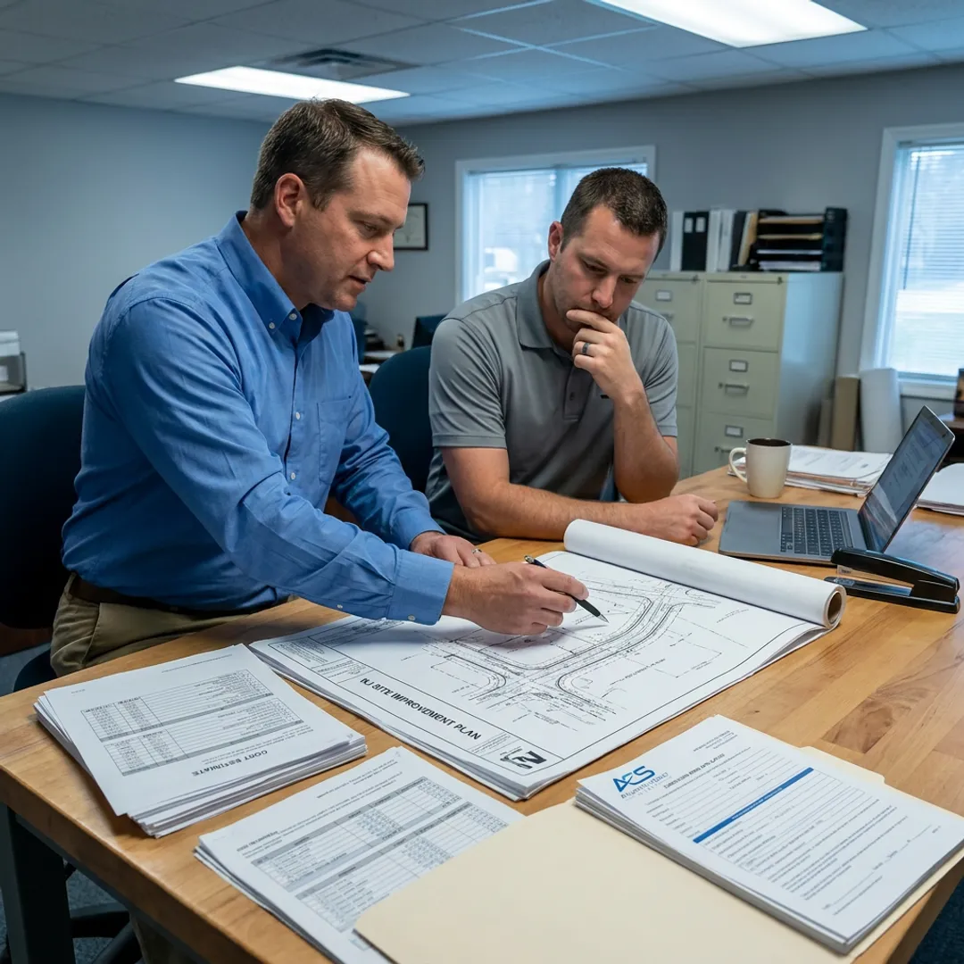 Surety specialist reviewing site improvement bond paperwork