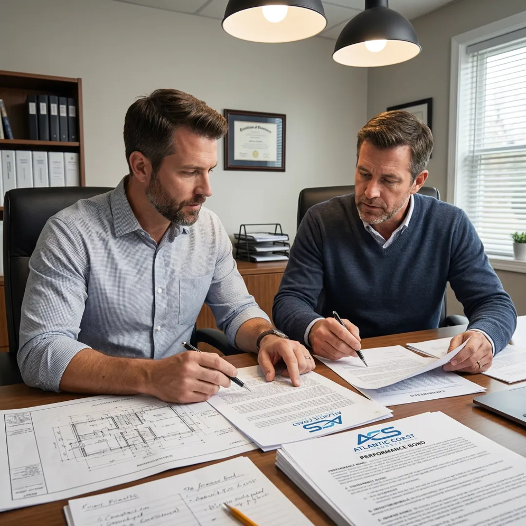Contractor reviewing surety bond documents