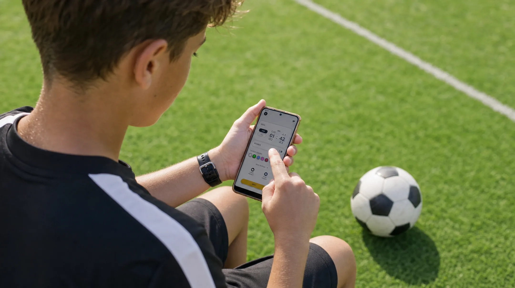 youth soccer player using training app on smartphone during practice