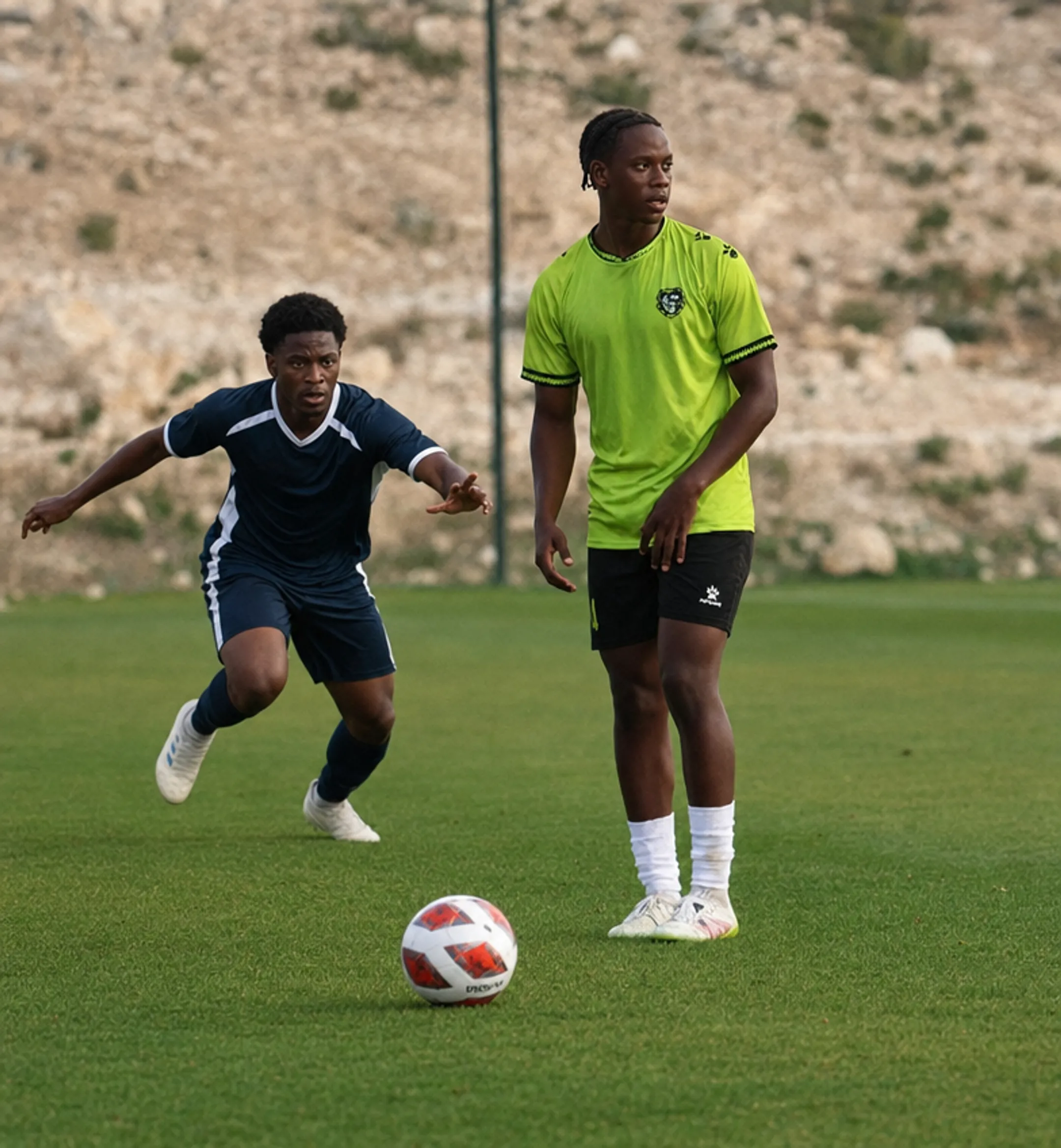 Youth soccer player scanning field making quick decision under pressure