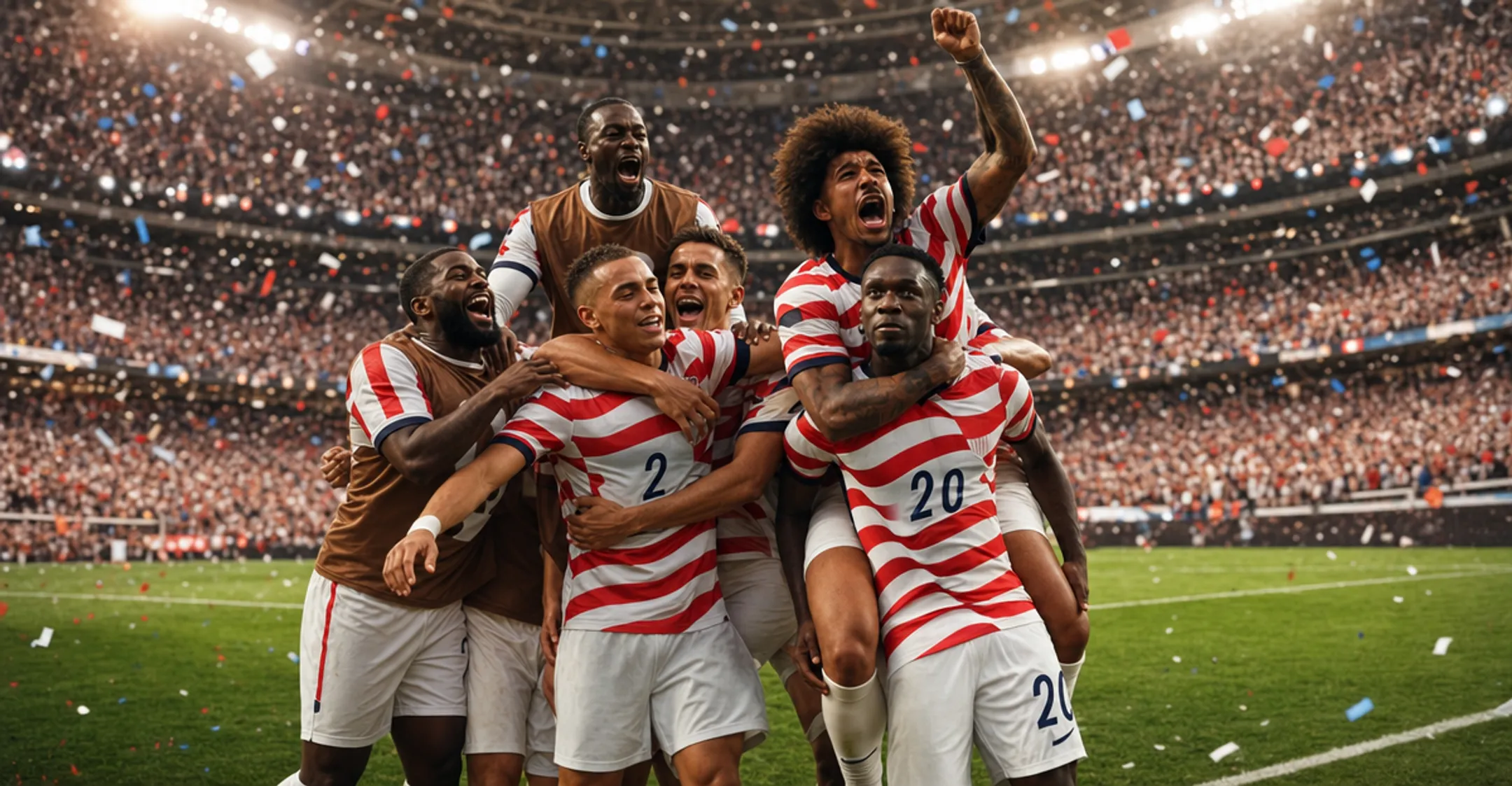 Soccer players celebrating dramatic comeback victory in packed stadium