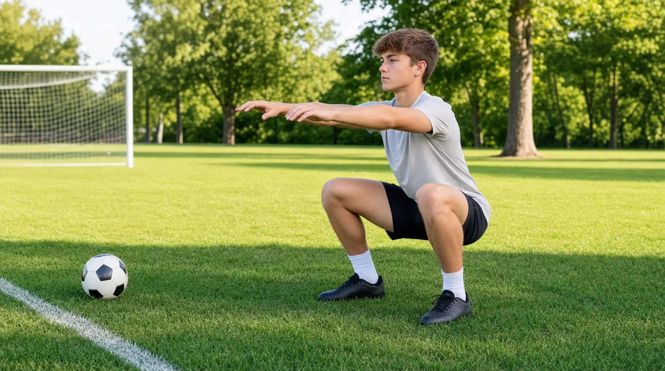 Youth athlete performing bodyweight squat exercise during soccer conditioning session