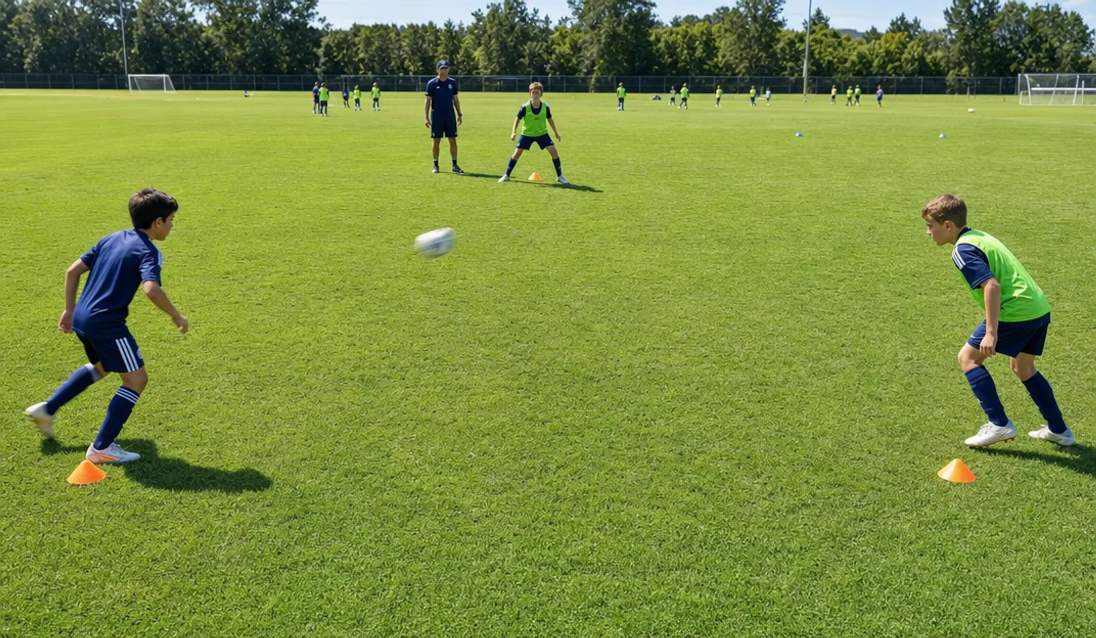 Youth soccer players practicing passing drill in triangle formation