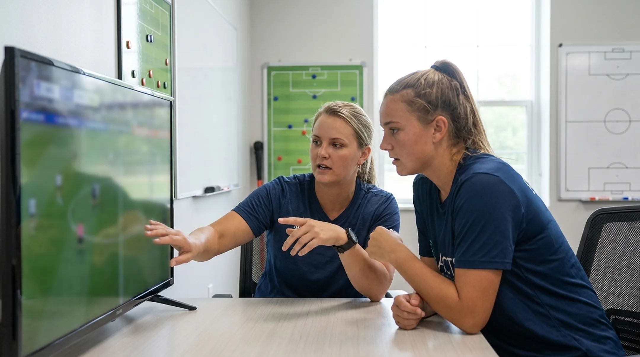 Coach and youth soccer player reviewing match footage together