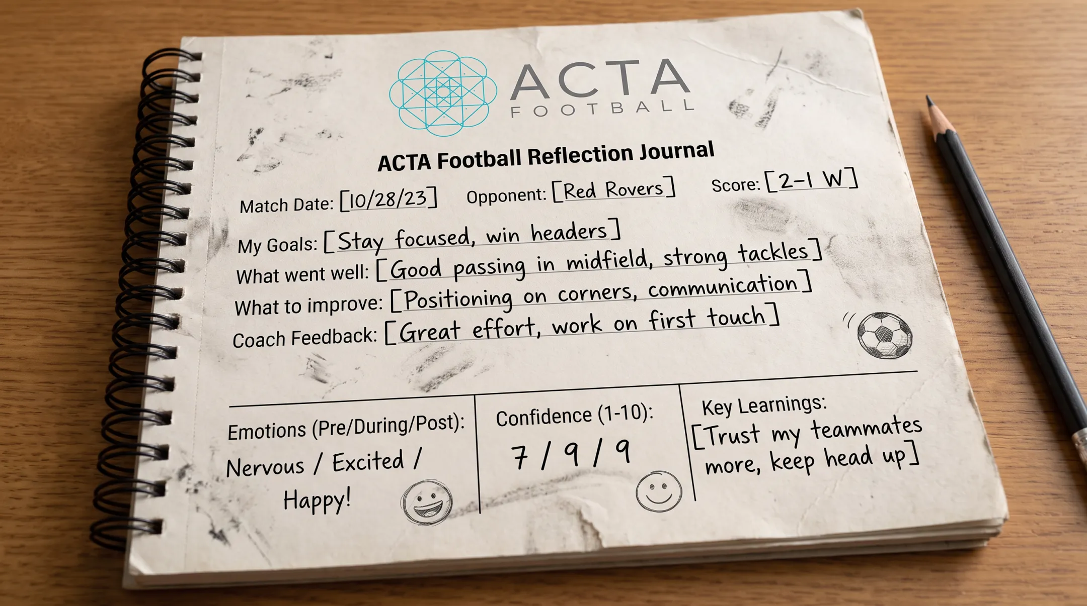 Printable soccer confidence journal page with reflection prompts
