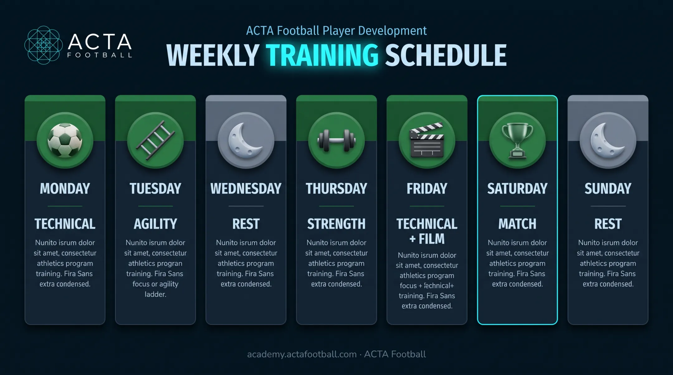 Weekly home training schedule showing balanced technical fitness and rest days