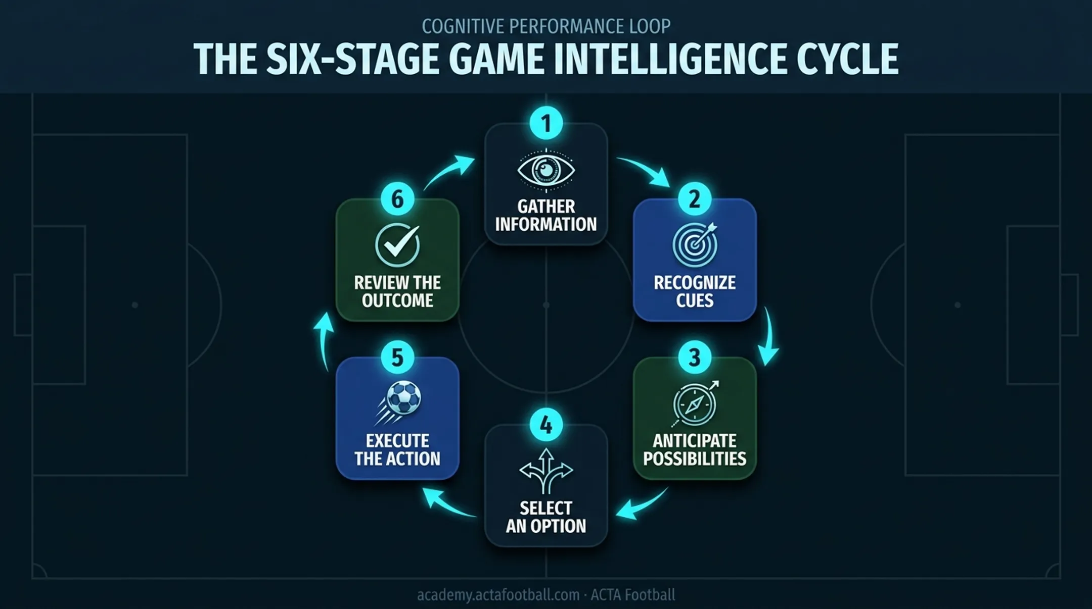 Six-stage soccer decision-making cycle from perception to review