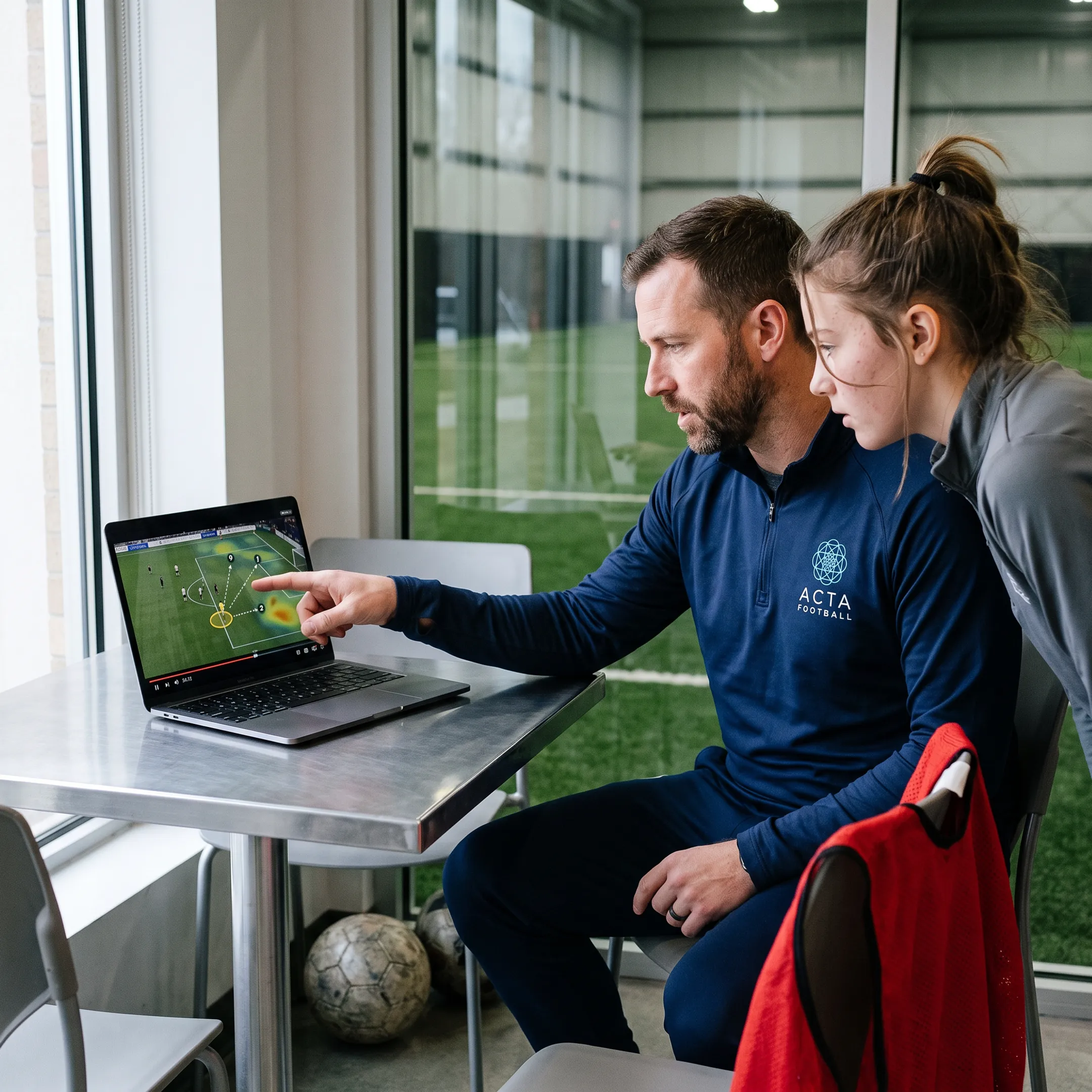 Coach analyzing soccer player performance video