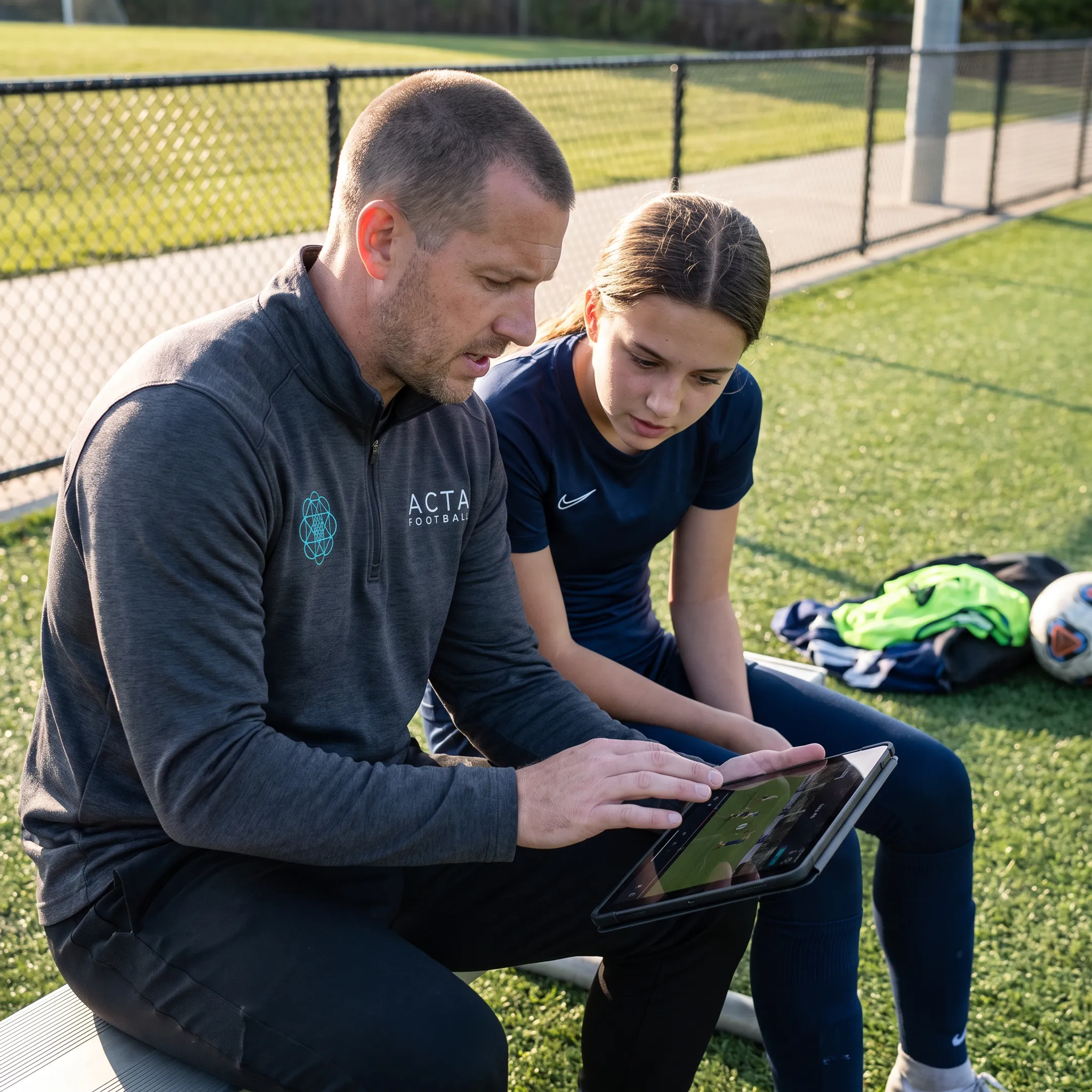 Coach reviewing soccer game film with player