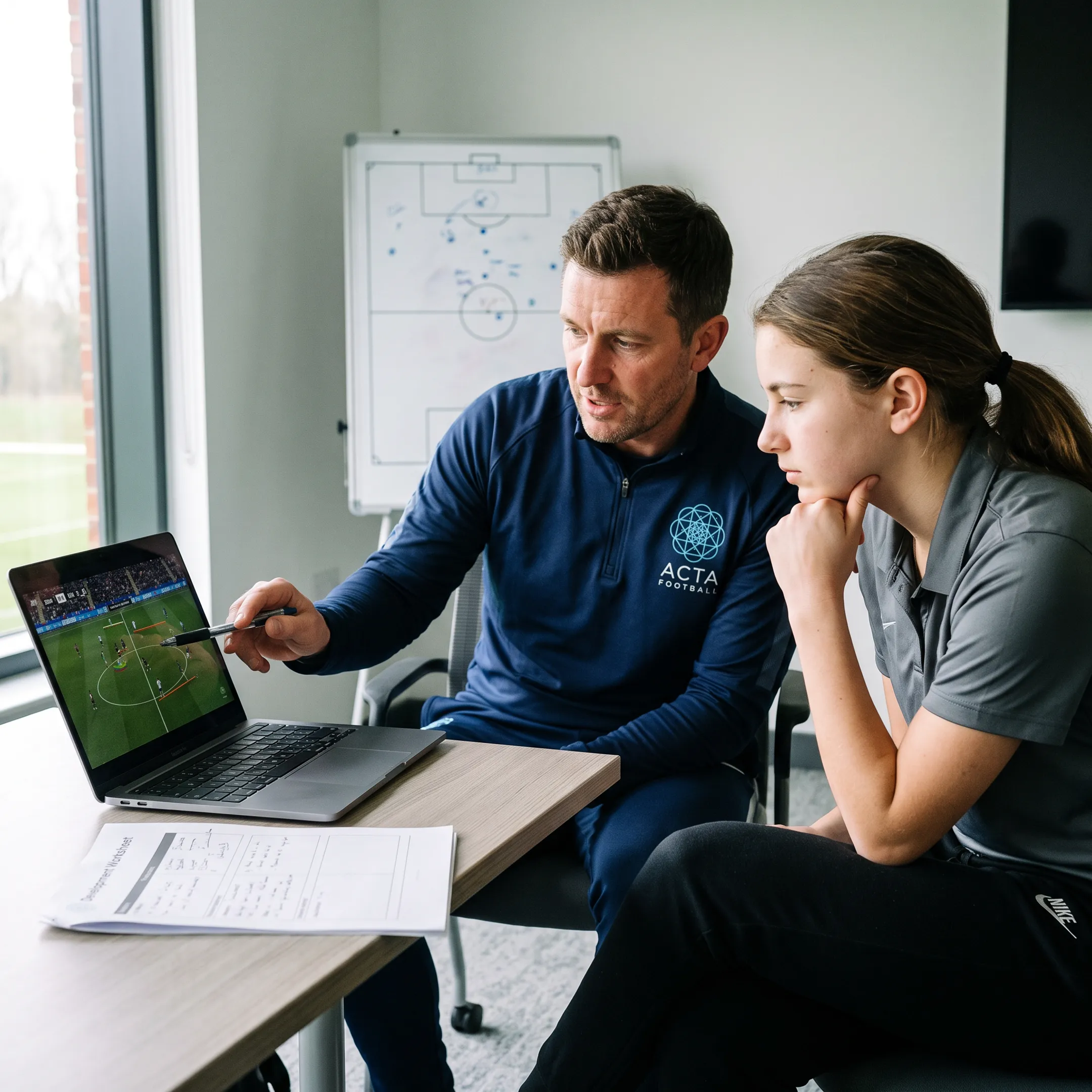 Coach reviewing soccer match footage with player