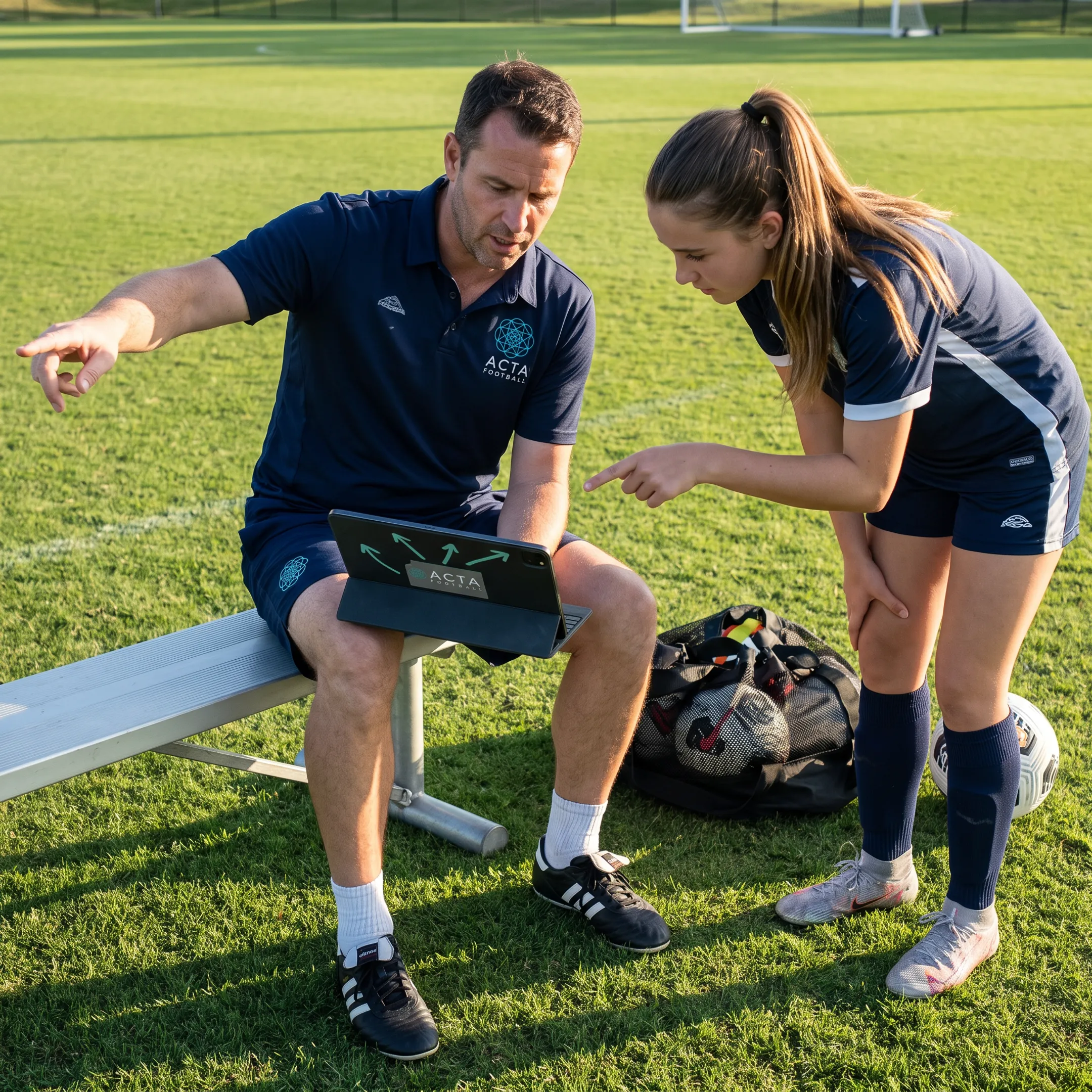 Coach reviewing soccer match footage with player