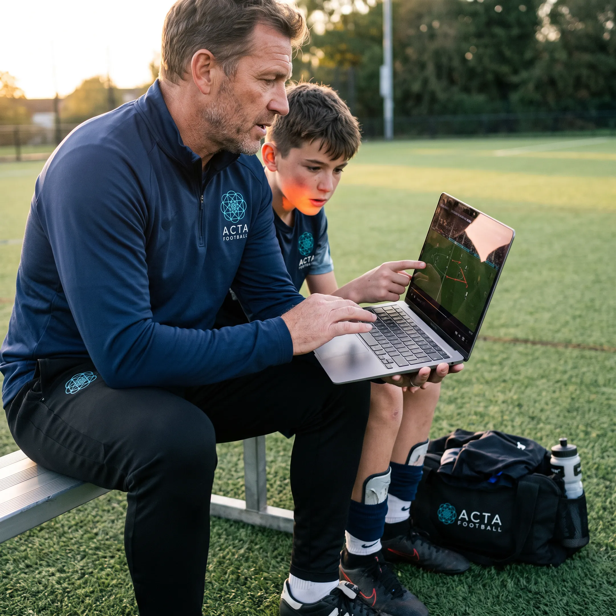 Coach reviewing soccer match film with a player