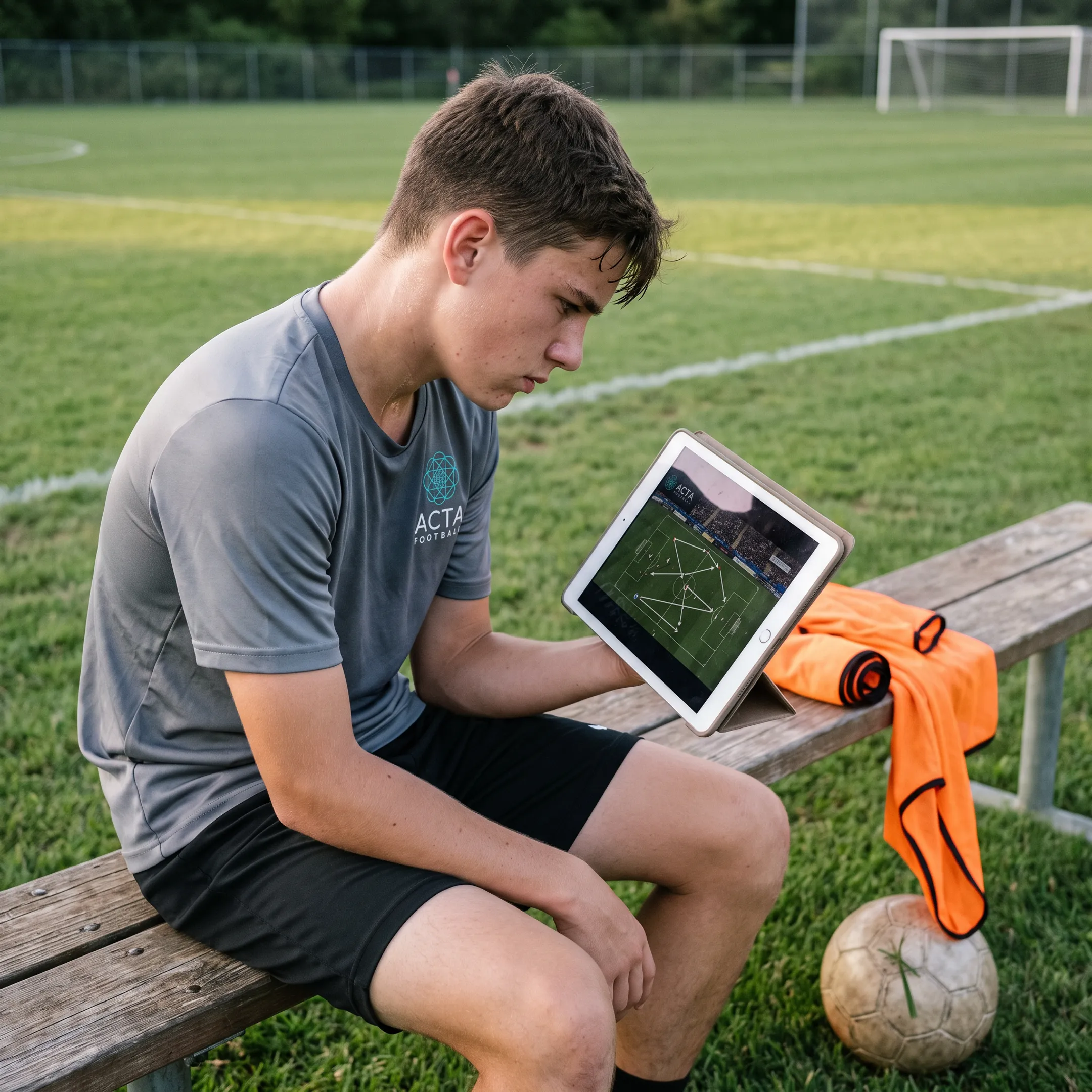 Young soccer player reviewing tactical training on a tablet