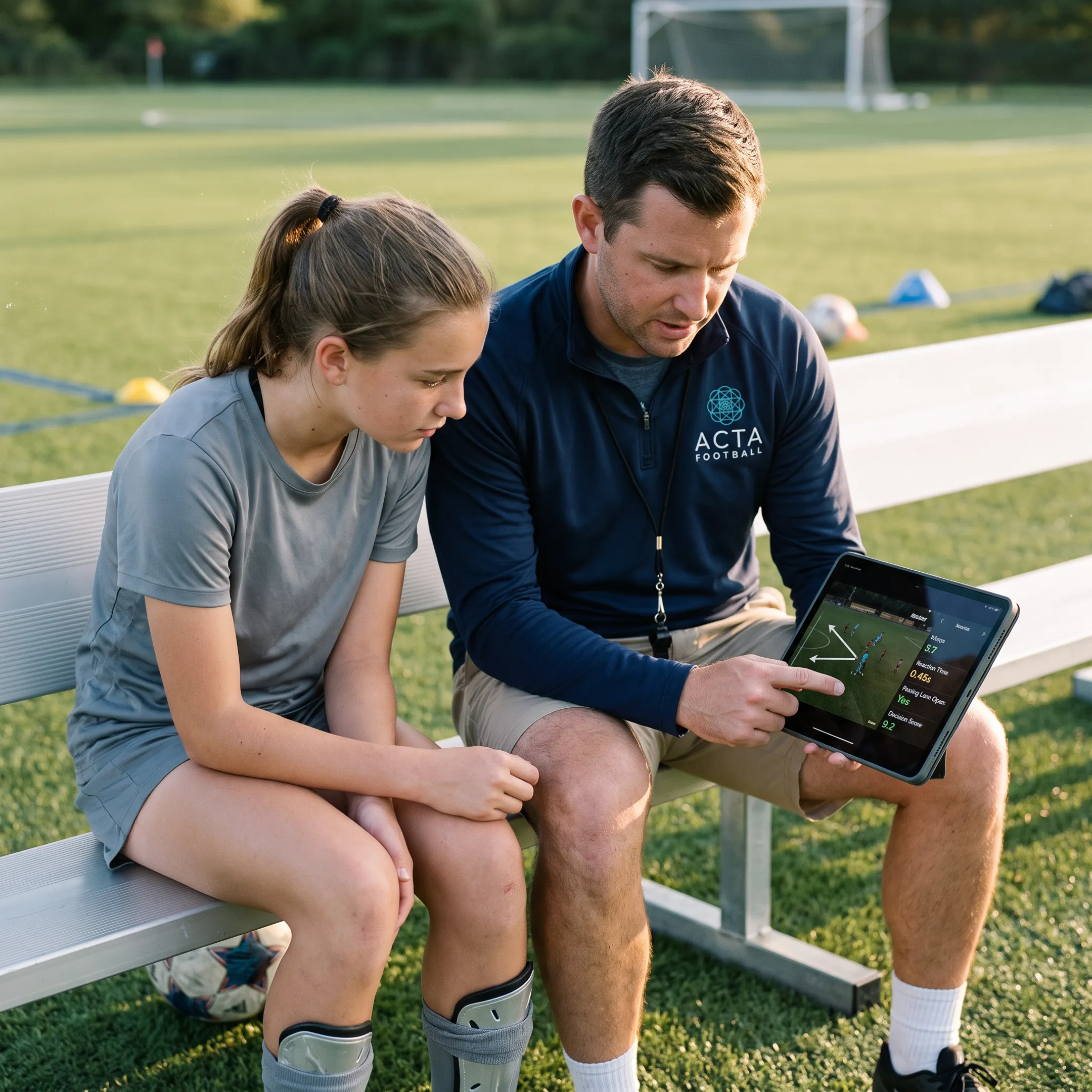 Coach reviewing soccer game film with player
