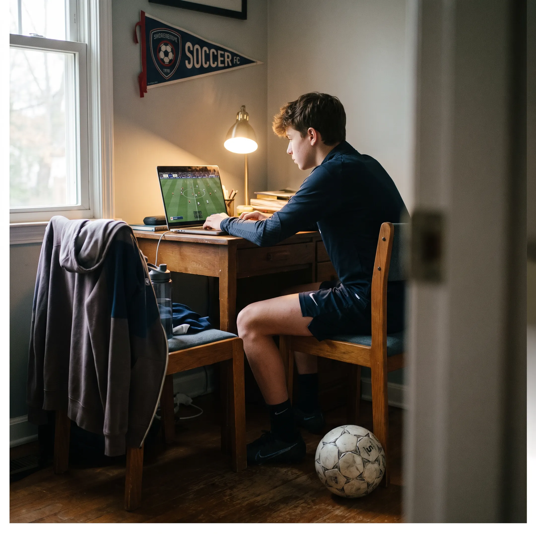 Youth soccer player completing online training with a coach