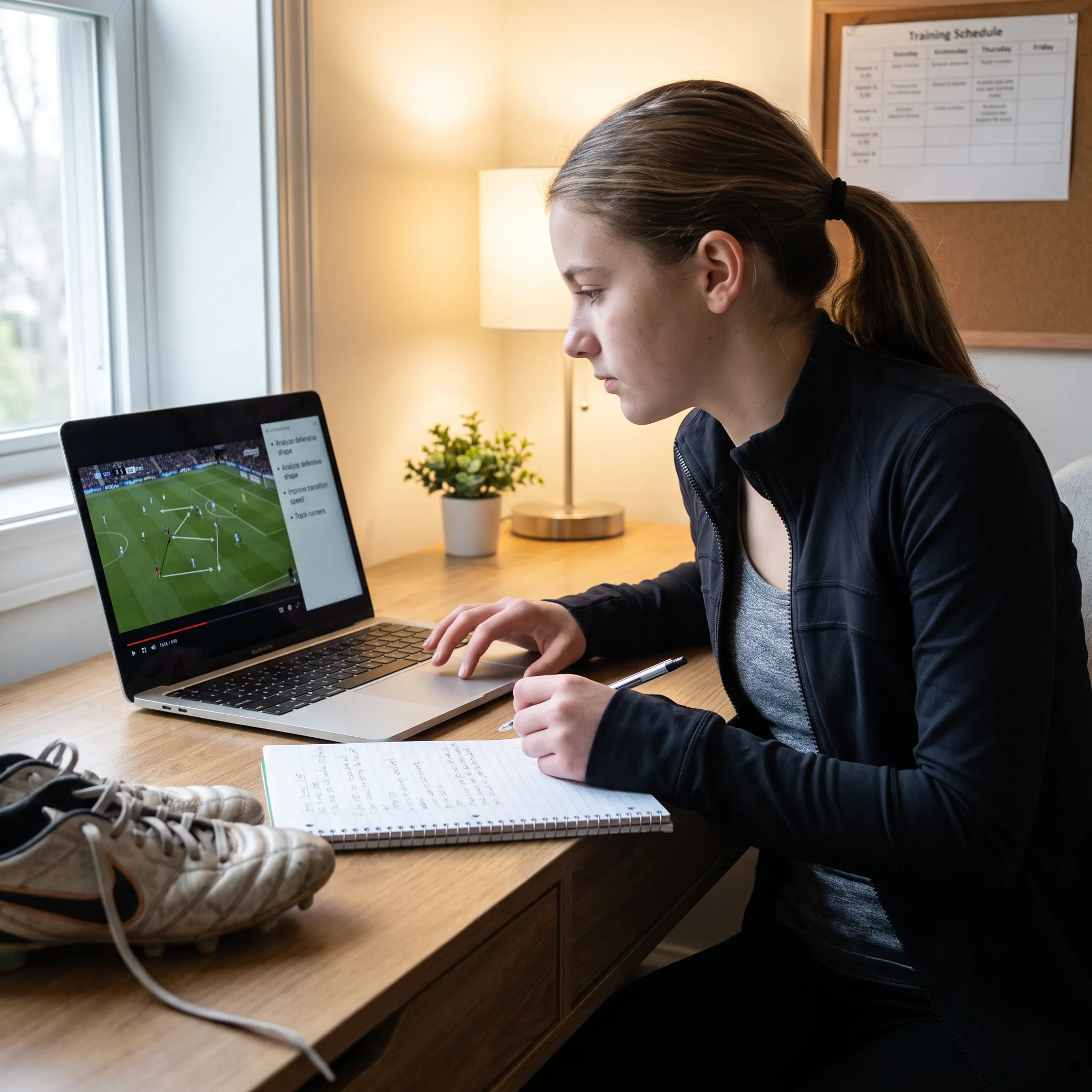 Soccer player reviewing match footage online