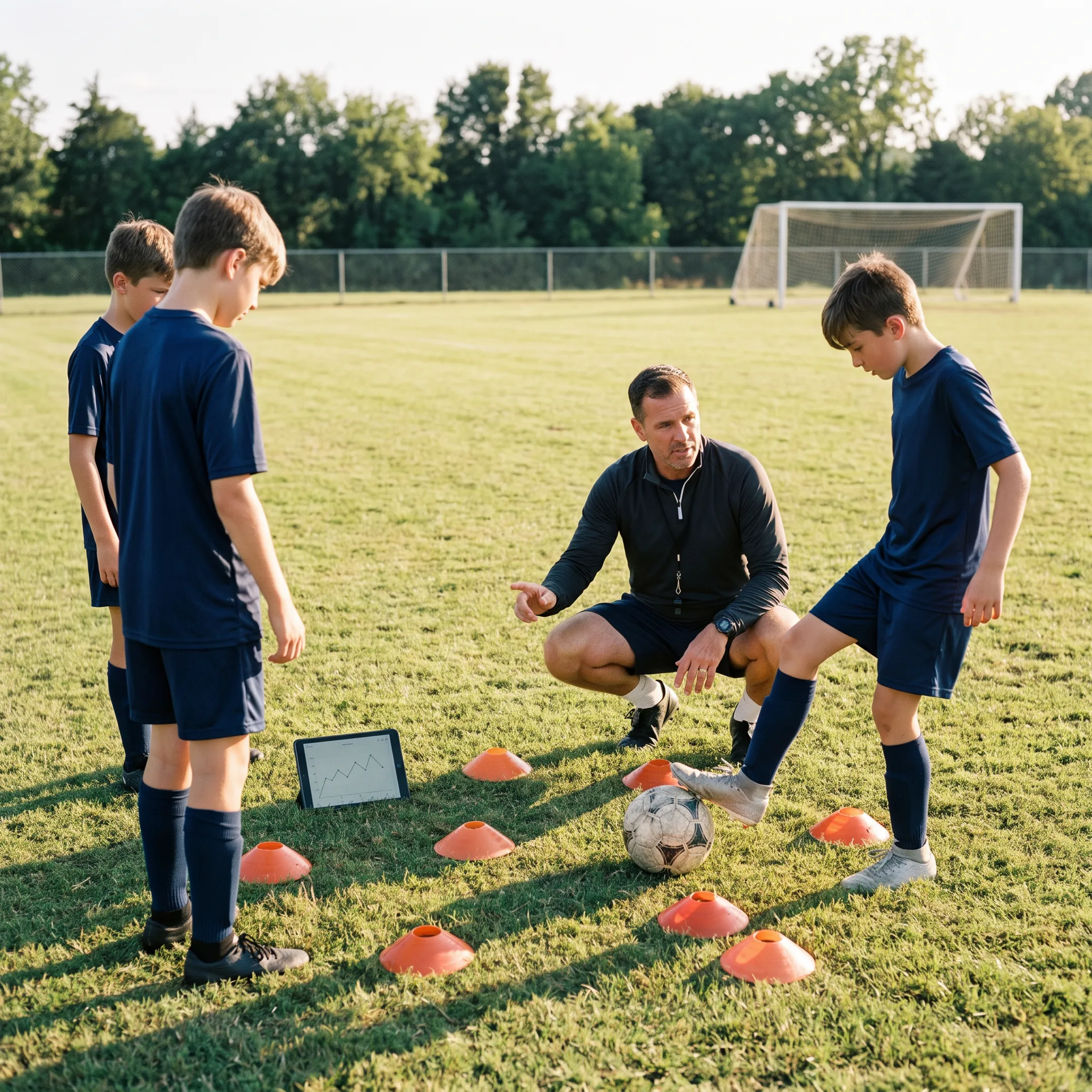 Soccer coach training competitive youth players on a Tennessee field