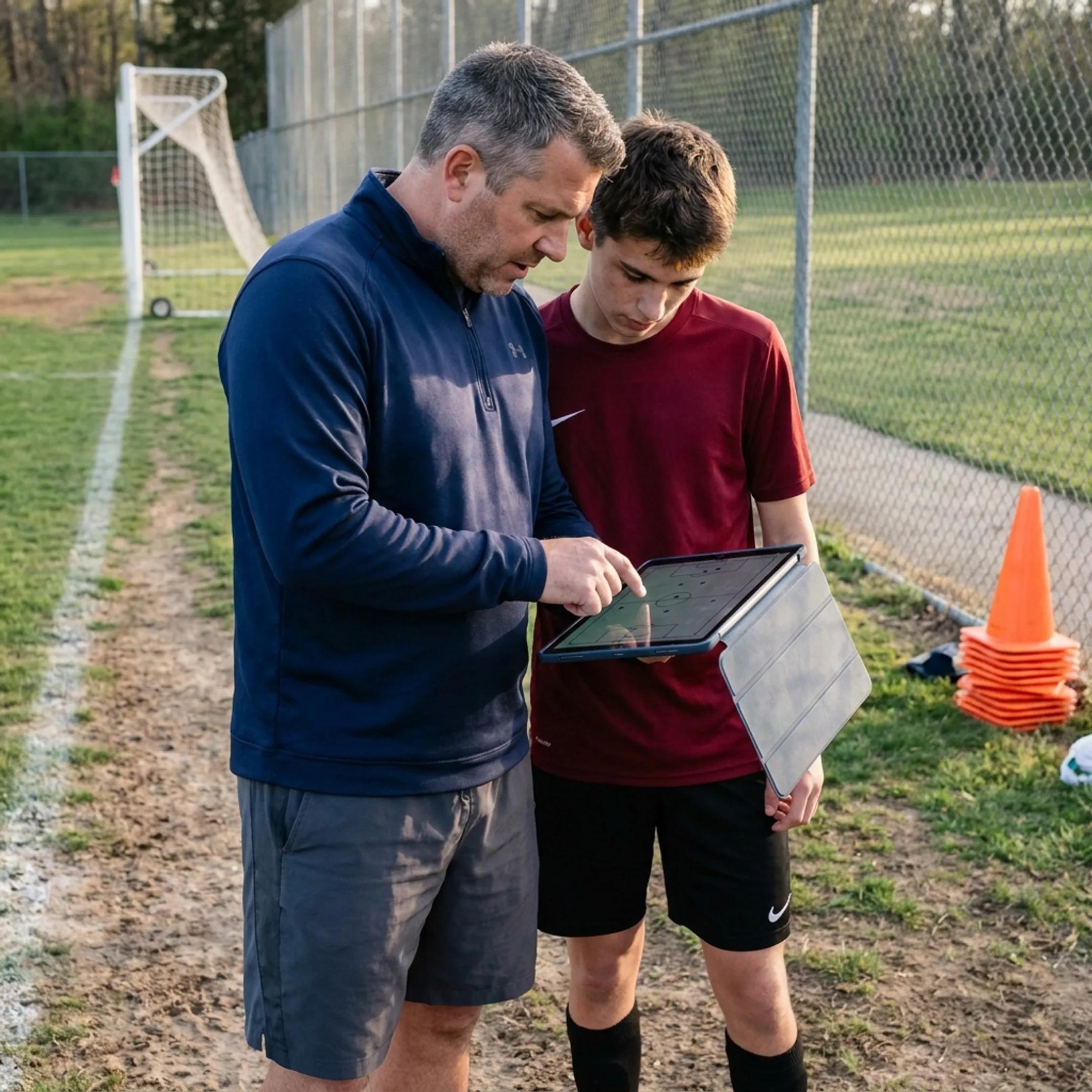Soccer coach reviewing tactical match film with an athlete during a 1v1 analysis session