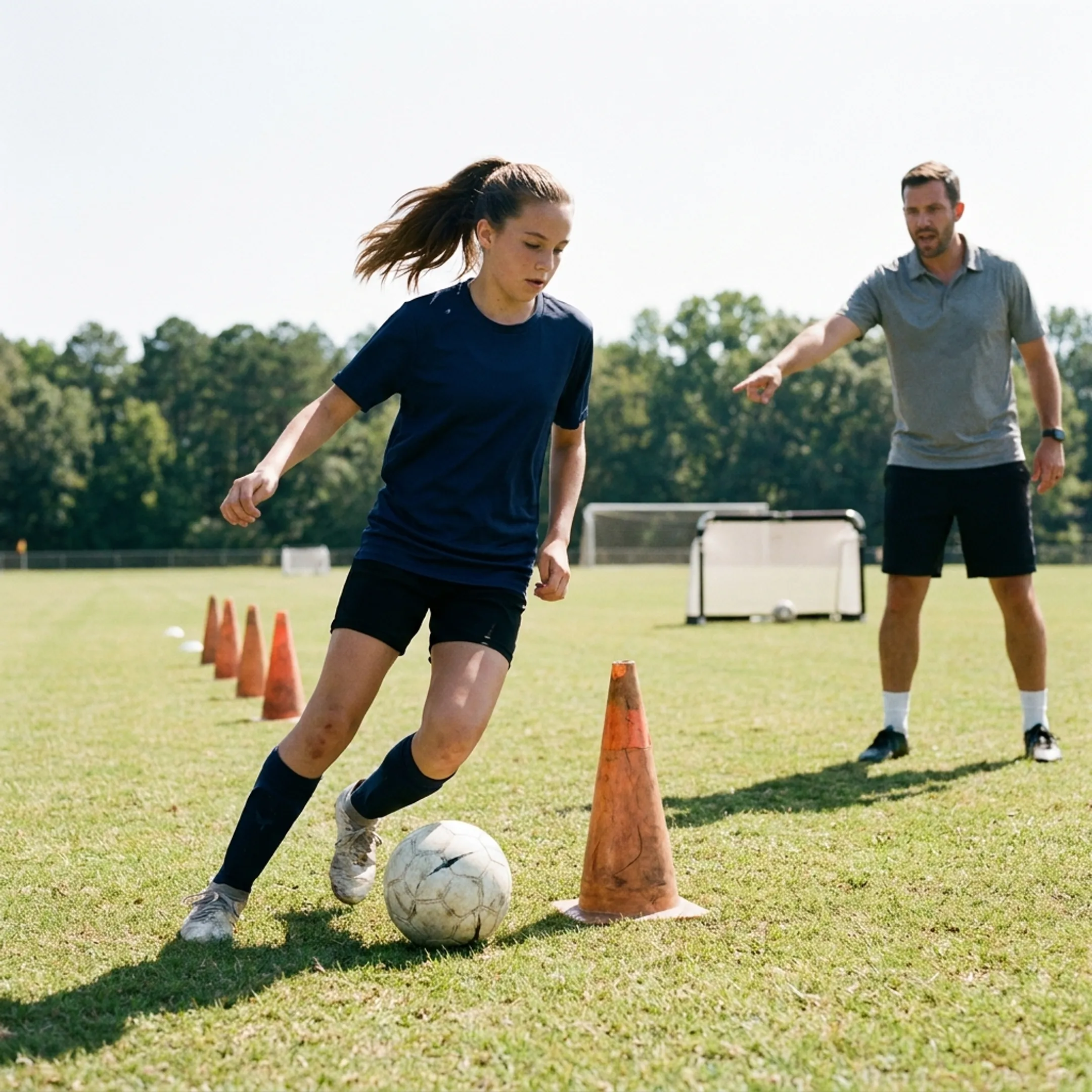 Soccer player receiving individualized 1v1 performance training on a grass pitch