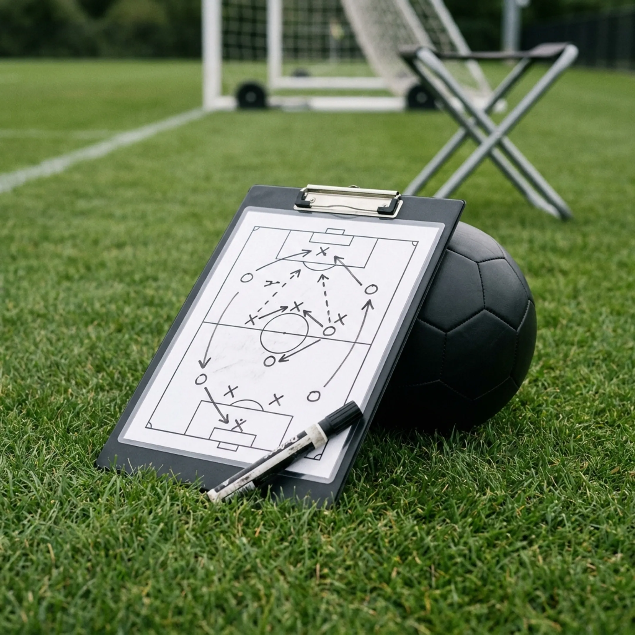 Tactical analysis board and soccer ball during online coaching preparation