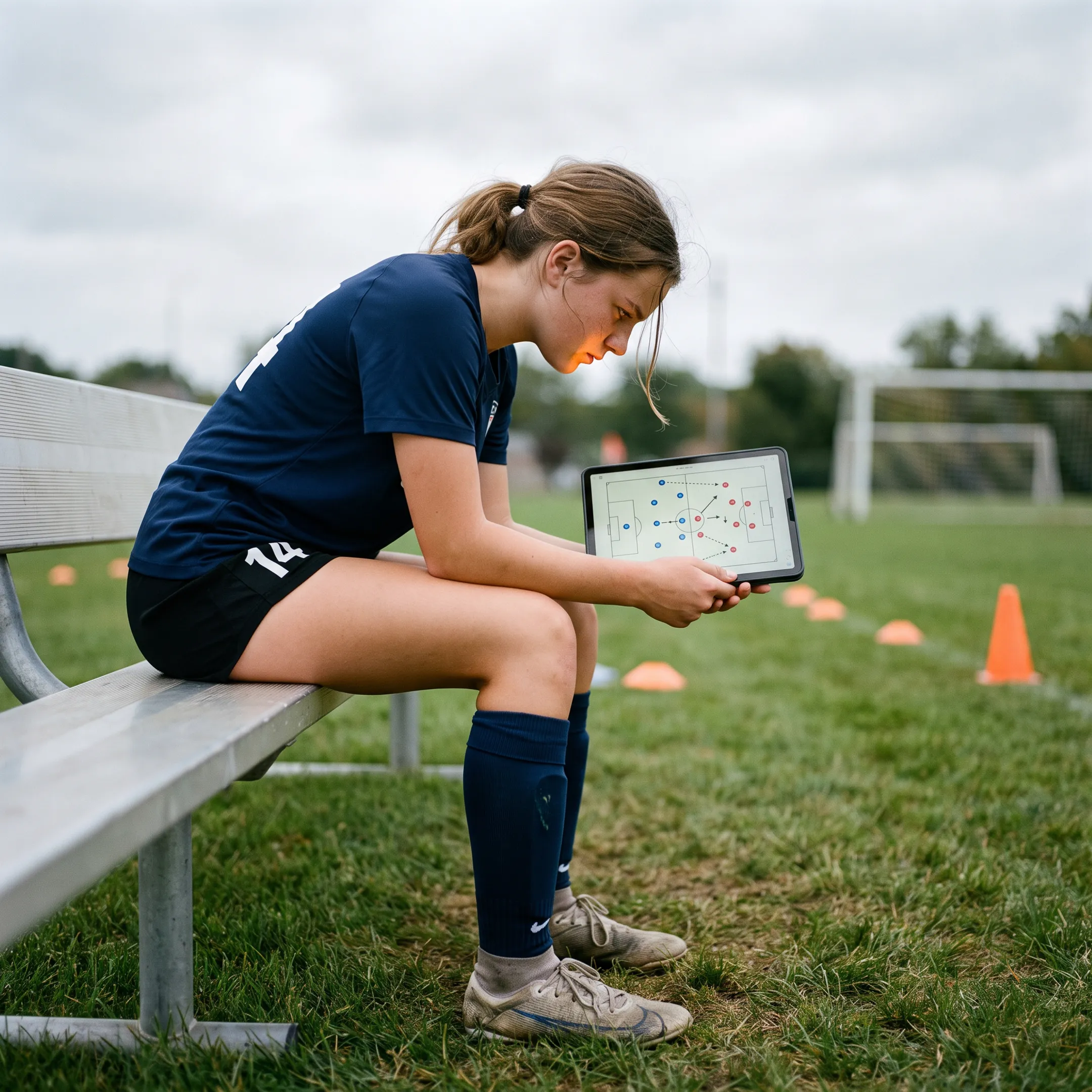 Soccer player reviewing game footage on a tablet during an online coaching session